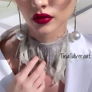 Zara White Feather Rhinestone Necklace Choker NWT
